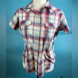 White red and blue gingham button down shirt